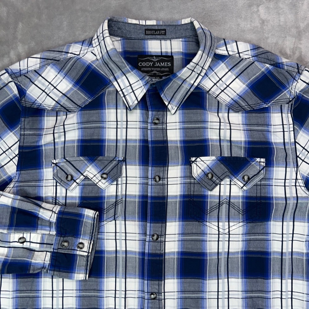CODY JAMES Western Snap Shirt Men's XL Blue Plaid‎ Long Sleeve Sawtooth Pockets
